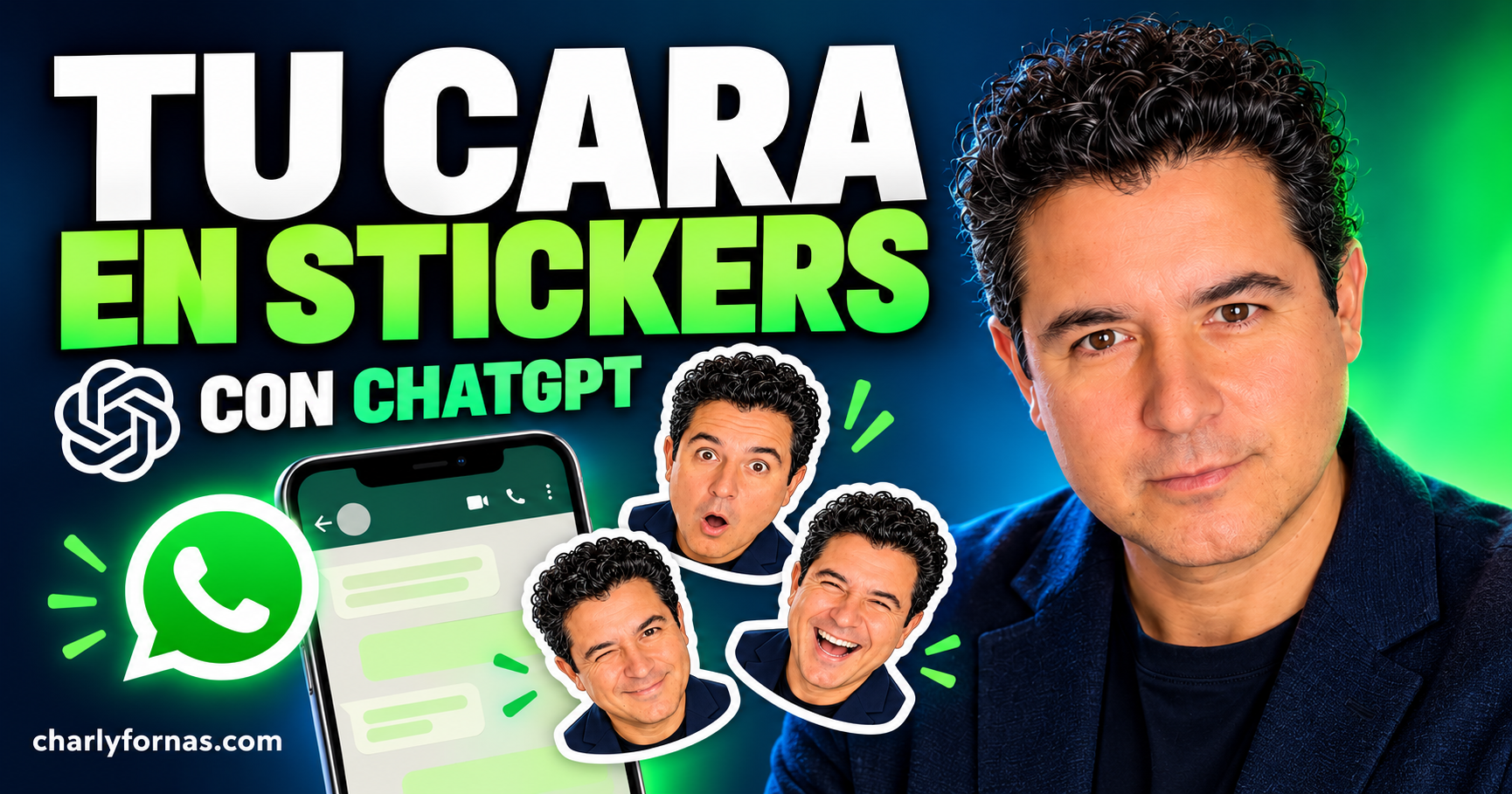 Charly Fornas junto a un celular y stickers personalizados para WhatsApp creados con ChatGPT.